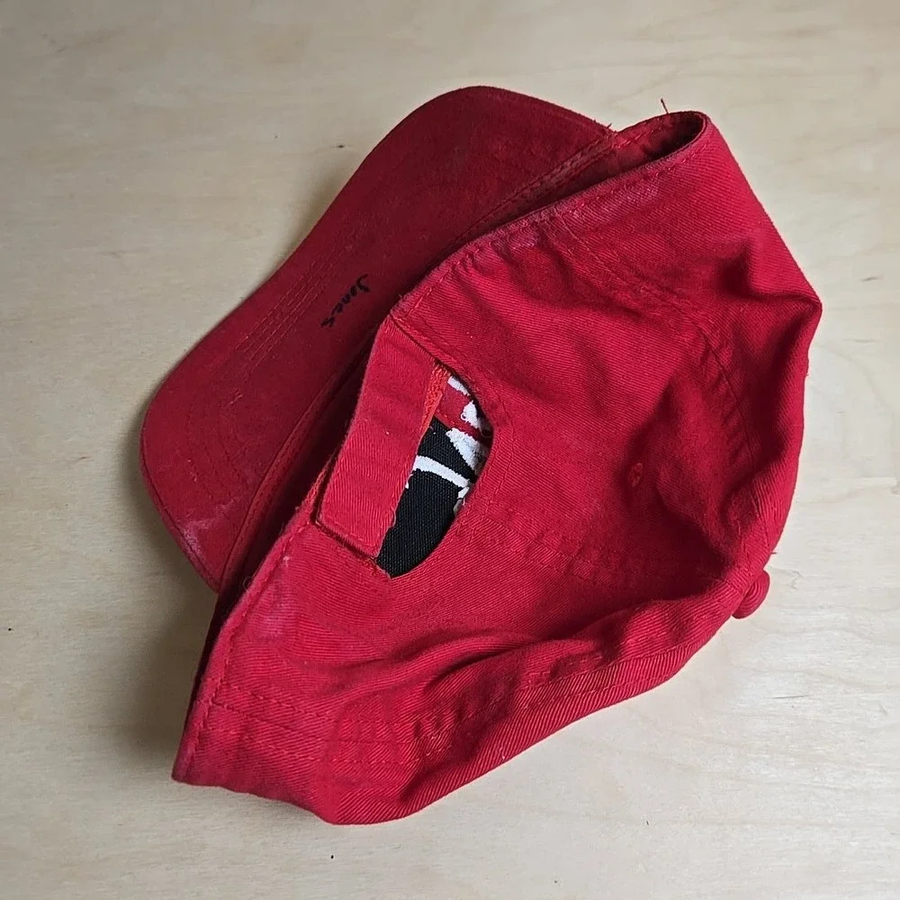NW Youth Red Baseball Hat Embroidered White Letters Adjustable Otto Cap Stains‎